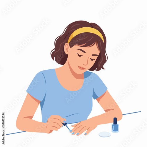 A young woman is seen meticulously applying nail polish, showcasing creativity and self-expression in a delightful nail art manicure experience within a stylish setting.