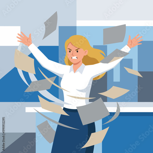A frustrated woman angrily gestures amidst a whirlwind of flying papers in an office, symbolizing workplace stress and the challenges of managing tasks effectively.