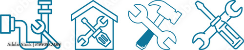 Repair and maintenance tool icon set including wrench, hammer, screwdriver and plumbing symbols in blue and gray styles on white background, ideal for construction and service designs.