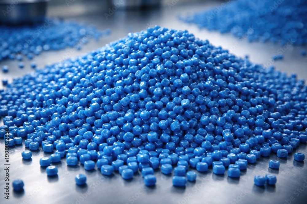 Obraz premium Detailed view of stacked blue polypropylene granules on flat table