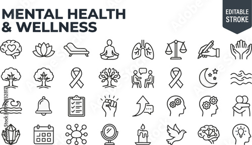 Mental Health Wellness Outline Icon Set, Editable Stroke, Vector