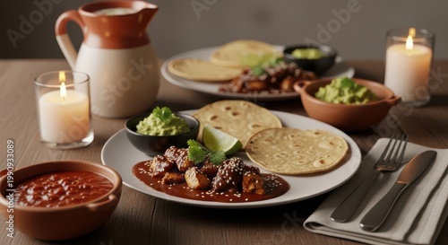 A plate of food with a bowl of food and a pitcher Cino de Mayo
