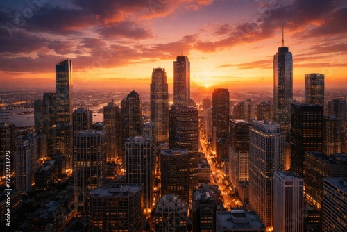 Aerial perspective of high rise buildings shimmering under a glowing sunset sky