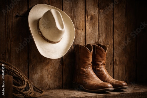 Leather roper boots and white cowboy hat arranged on aged wooden barn wall