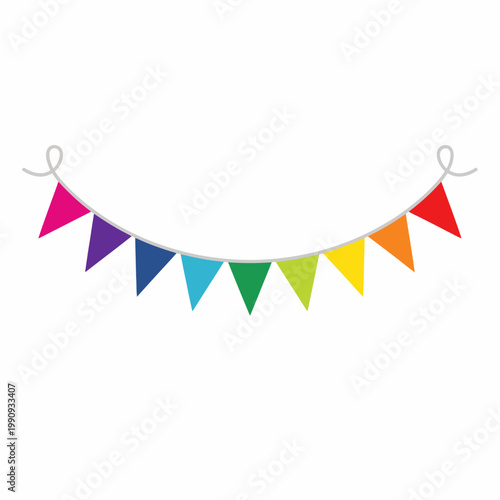 A colorful string of triangular flags hangs in a celebratory setting indoors.