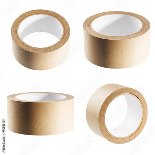 Set of kraft masking tape rolls isolated on white background in square collage layout, multiple angles for packaging, shipping, ecommerce, repair, office supply and product comparison
