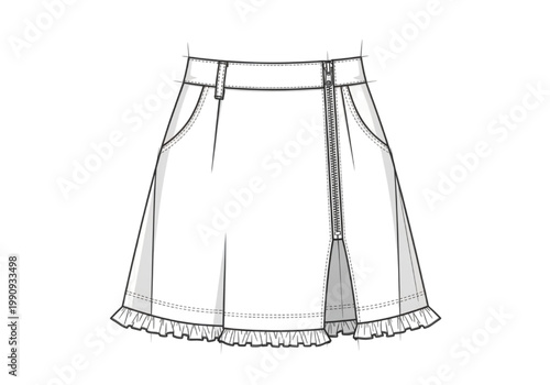CAD illustration of a short skirt with pockets and ruffled hemline
