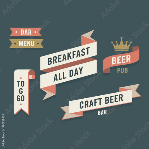 A colorful illustration of a breakfast menu sign with banners and labels for a craft beer bar