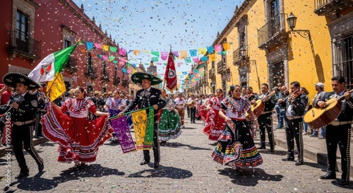 Mexican dancers perform on a street Cino de Mayo