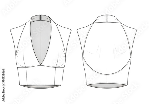 Fashion CAD drawing of a high neck halter crop top with front and back view on white background