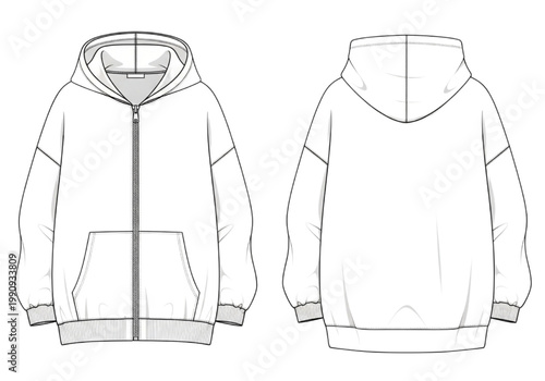 CAD Fashion Flat Sketch of a Zip-Up Hoodie with Pockets, Front and Back View