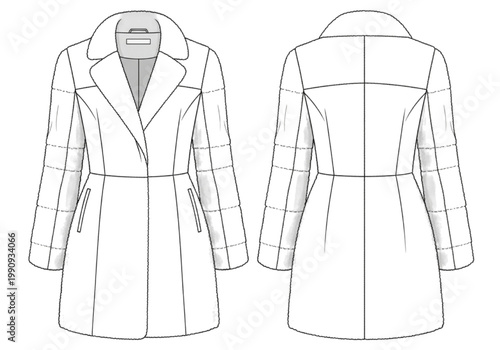 CAD technical drawing illustrating a modern women's long coat, front and back views, essential for apparel design, pattern making, and fashion manufacturing specifications