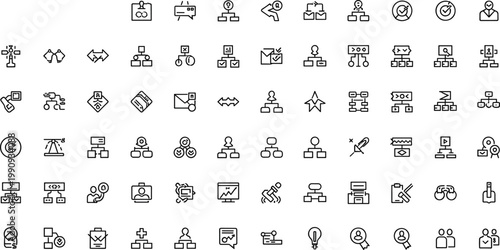 Business organization chart and workflow line icon set featuring hierarchy structure management outline vector collection