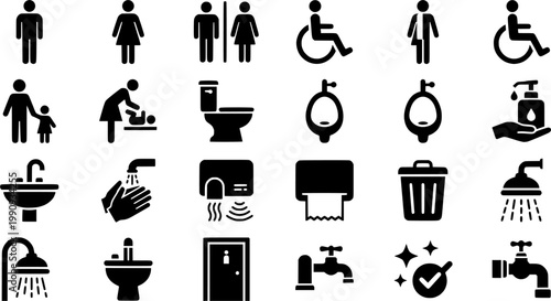 Set of black public restroom icons including male, female, disabled, baby changing, and family symbols with toilet, shower, sink, and hand dryer pictograms in a simple vector style
