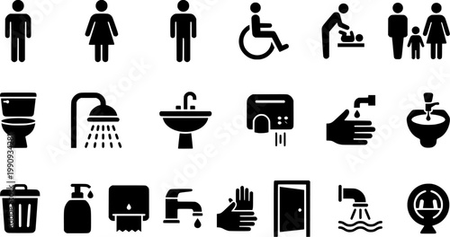 Set of black public restroom icons including male, female, disabled, baby changing, and family symbols with toilet, shower, sink, and hand dryer pictograms in a simple vector style