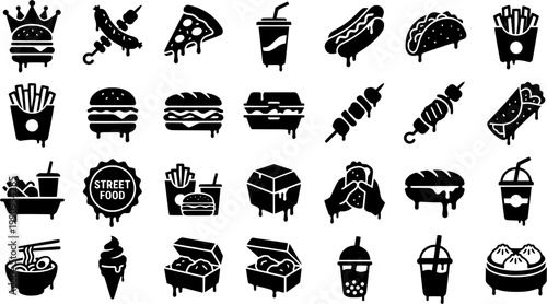 Set of black and white graffiti icons depicting street food and urban culture elements like a burger, pizza, spray can, and skateboard with a dripping paint effect
