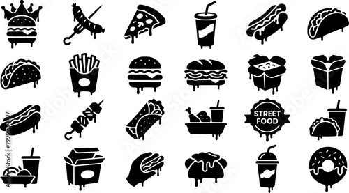 Set of black and white graffiti icons depicting street food and urban culture elements like a burger, pizza, spray can, and skateboard with a dripping paint effect