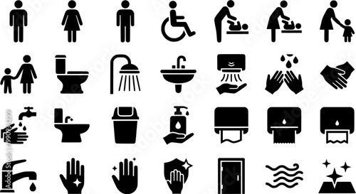 Set of black public restroom icons including male, female, disabled, baby changing, and family symbols with toilet, shower, sink, and hand dryer pictograms in a simple vector style