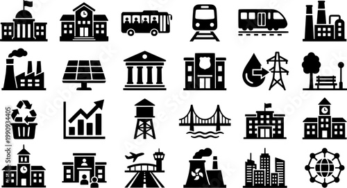 Hand-drawn set of urban infrastructure icons representing public services like school, police, transportation, finance, and energy in a simple black and white sketch style