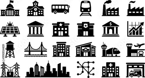 Hand-drawn set of urban infrastructure icons representing public services like school, police, transportation, finance, and energy in a simple black and white sketch style