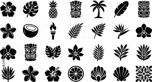 Set of tropical tiki line art icons including a pineapple, palm tree, hibiscus flower, and tribal mask in a simple hand-drawn doodle style for summer vacation themes
