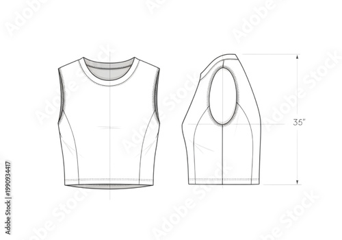 CAD Fashion Design Flat Sketch of a Women's Sleeveless Crop Top with Measurements