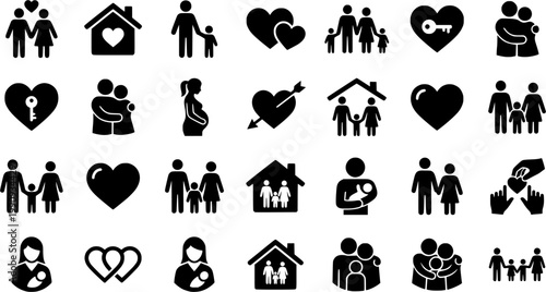 Hand-drawn family and love icons set featuring stick figures, couples, parents, children, hearts, and a house, rendered in a simple black and white doodle sketch style for relationship concepts