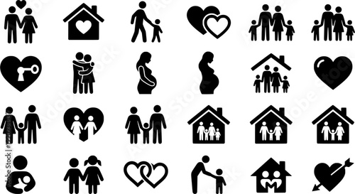 Hand-drawn family and love icons set featuring stick figures, couples, parents, children, hearts, and a house, rendered in a simple black and white doodle sketch style for relationship concepts