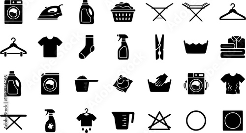 Hand-drawn laundry and cleaning icon set with washing machine, iron, detergent, and clothes in a simple black and white doodle style illustration for household chores concepts