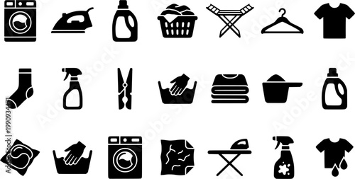 Hand-drawn laundry and cleaning icon set with washing machine, iron, detergent, and clothes in a simple black and white doodle style illustration for household chores concepts