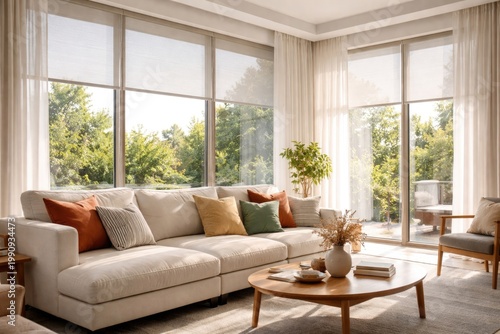Sunlit interior with automated shades on high windows and a sofa decorated with lively cushions alongside sunscreen curtains