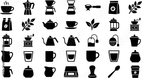 Hand-drawn coffee and tea icon set featuring various brewing methods, cups, and plants in a detailed black and white sketch style for cafe and beverage concepts