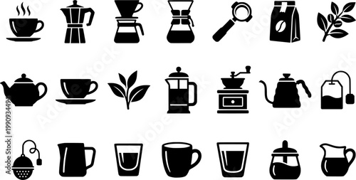 Hand-drawn coffee and tea icon set featuring various brewing methods, cups, and plants in a detailed black and white sketch style for cafe and beverage concepts