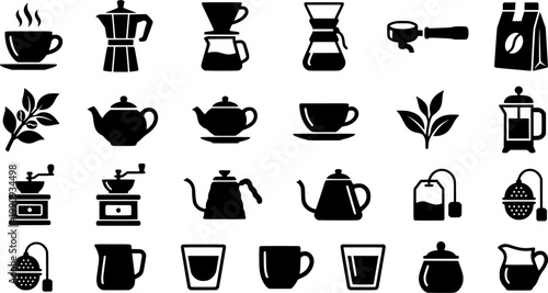 Hand-drawn coffee and tea icon set featuring various brewing methods, cups, and plants in a detailed black and white sketch style for cafe and beverage concepts