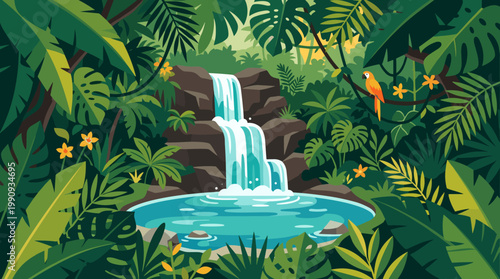 A vibrant vector illustration of an exotic jungle paradise with a cascading waterfall, a serene pool, and a colorful parrot. Perfect for backgrounds or travel.