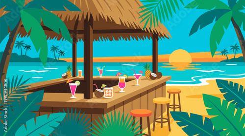 A vibrant beach bar with cocktails on a tropical island at sunset. Perfect for travel, vacation, summer party, and resort-themed designs and banners.