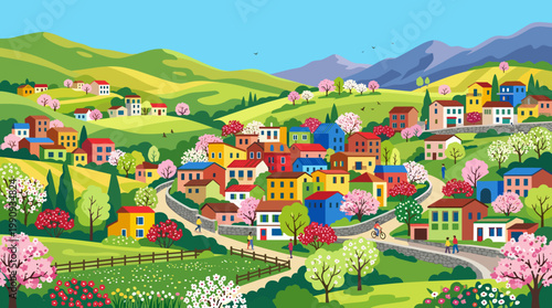 A vibrant illustration of a colorful village in green hills during spring. Features blossoming trees and people. Ideal for travel or community concepts.