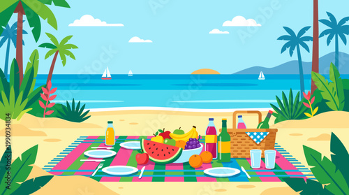 A vibrant illustration of a summer picnic on a sandy beach with fruit and drinks. Perfect for vacation, travel, and leisure concepts. A peaceful, idyllic scene.