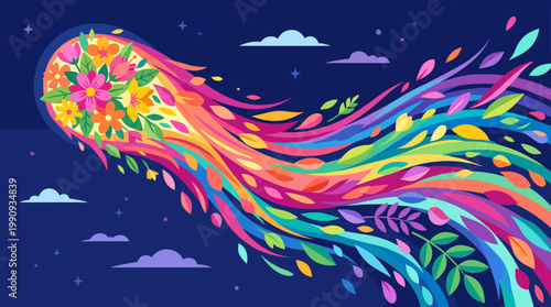A vibrant floral comet with a rainbow tail of petals streaks across a starry night sky. A magical vector illustration for creativity, dreams, and inspiration.