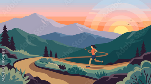 A woman enjoys a morning run on a scenic mountain trail at sunrise. Vector illustration for fitness, wellness, and healthy active lifestyle concepts.