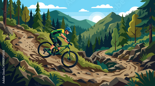 Vector illustration of an athlete mountain biking downhill on a forest trail. Concept for extreme sports, outdoor adventure, and active lifestyle.