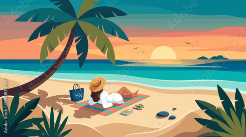 A woman relaxes on a tropical beach, watching a beautiful sunset. Peaceful vector illustration for travel, vacation, or wellness concepts.
