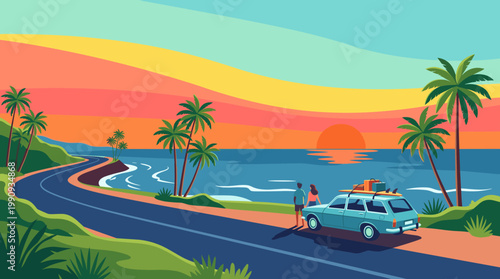 A couple with a vintage car on a coastal road trip, watching the sunset. Ideal for travel, vacation, and summer adventure themes. Vector illustration.