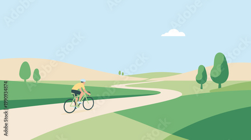 A man enjoys a solo bike ride on a winding road through a serene, green landscape. Flat vector illustration for active lifestyle, travel, and wellness concepts.