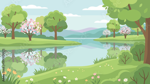 A serene spring landscape with a calm lake reflecting blossoming trees. This beautiful vector park scene is perfect for backgrounds, banners, or nature themes.