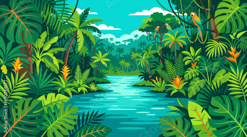 Vibrant vector illustration of a lush tropical jungle with a river, palm trees, and parrots. Exotic nature background for travel, adventure, or eco themes.