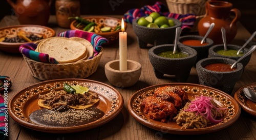 A table with plates of food and a candle Cino de Mayo
