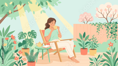 A woman relaxes in her sunny garden, drinking tea. A peaceful scene for wellness, self-care, and lifestyle concepts. Vector illustration.