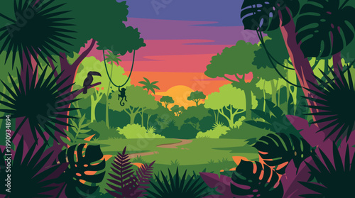 A vibrant vector illustration of a tropical jungle at sunset. This lush rainforest scene with animals is perfect for travel, nature, or kids' backgrounds.