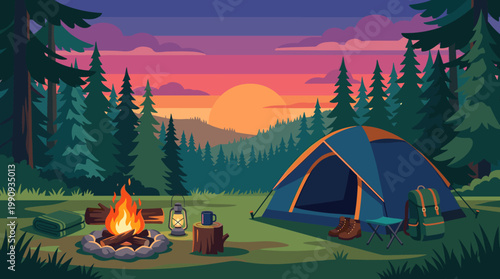 A cozy vector illustration of a forest campsite at sunset. A tent, campfire, and gear create a scene of peaceful outdoor adventure and travel.